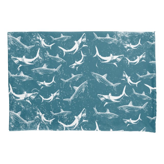 Distressed Blue Shark Pattern   Pillow Case (Front)