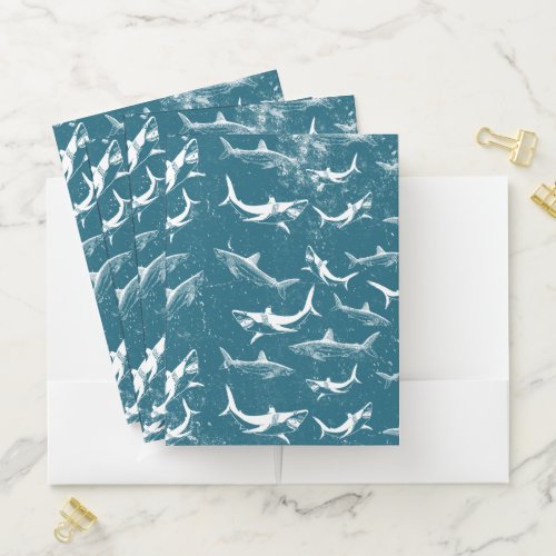 Distressed Blue Shark Pattern  Pocket Folder