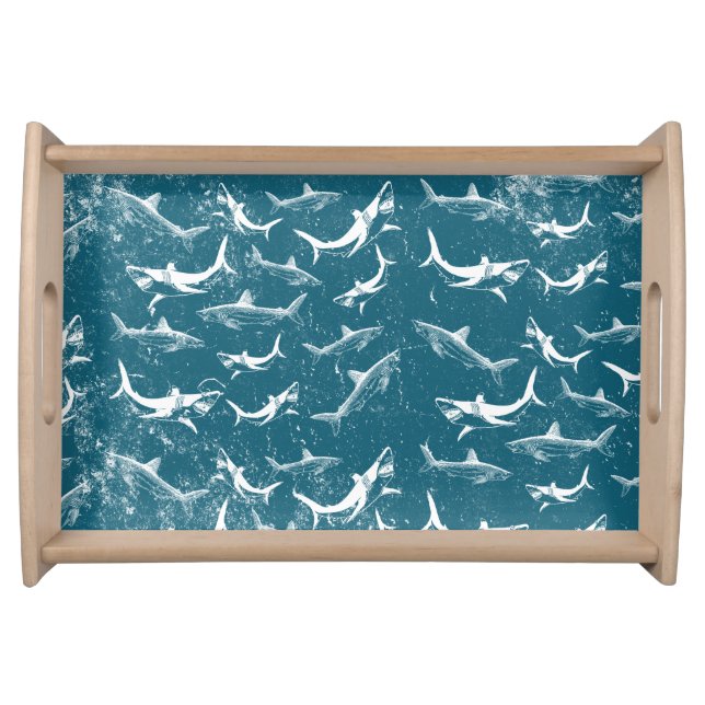 Distressed Blue Shark Pattern  Serving Tray (Front)