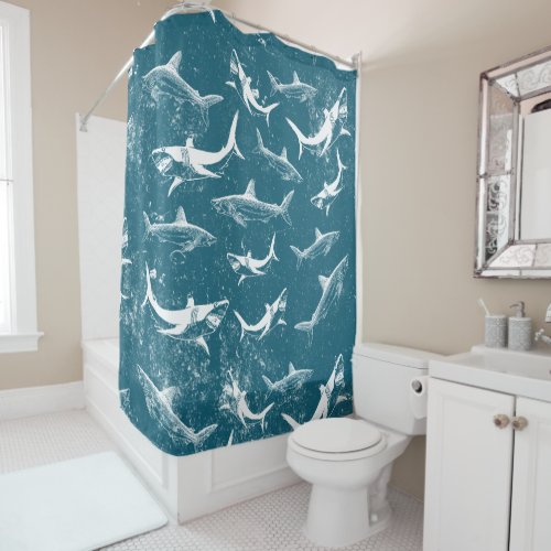 Distressed Blue Shark Pattern Shower Curtain
