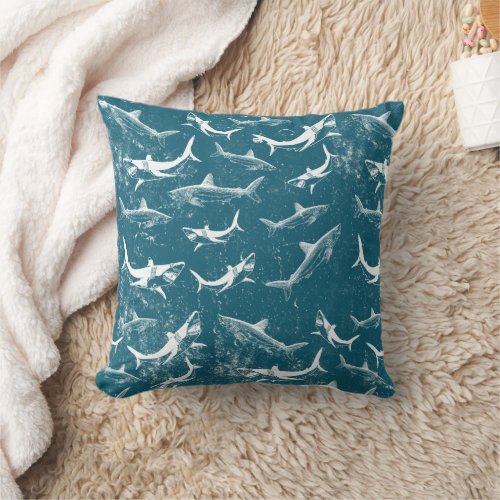 Distressed Blue Shark Pattern  Throw Pillow