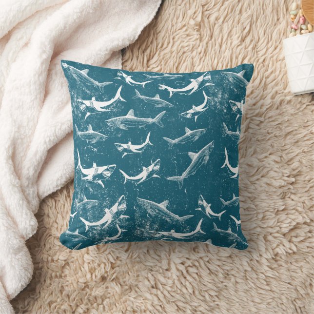 Distressed Blue Shark Pattern  Throw Pillow (Blanket)