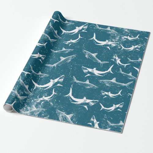 Distressed Blue Shark Pattern  Wrapping Paper