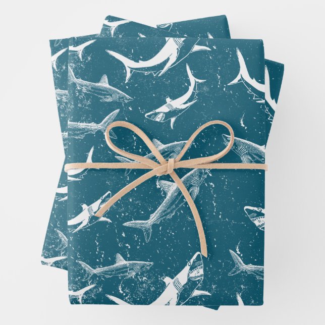 Distressed Blue Shark Pattern Wrapping Paper Sheets (In situ)