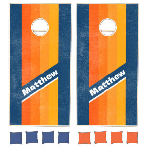Distressed Blue Vintage Pin Striped with Name Cornhole Set