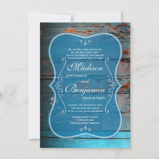 Distressed Blue Wood Rustic Wedding Invitations (Front)