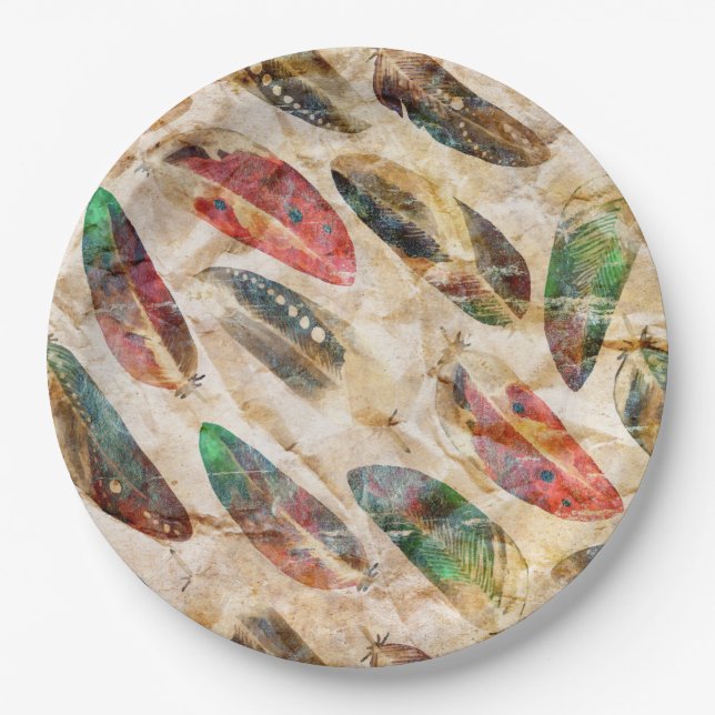 Distressed Boho Feathers Pattern  Paper Plates (Front)