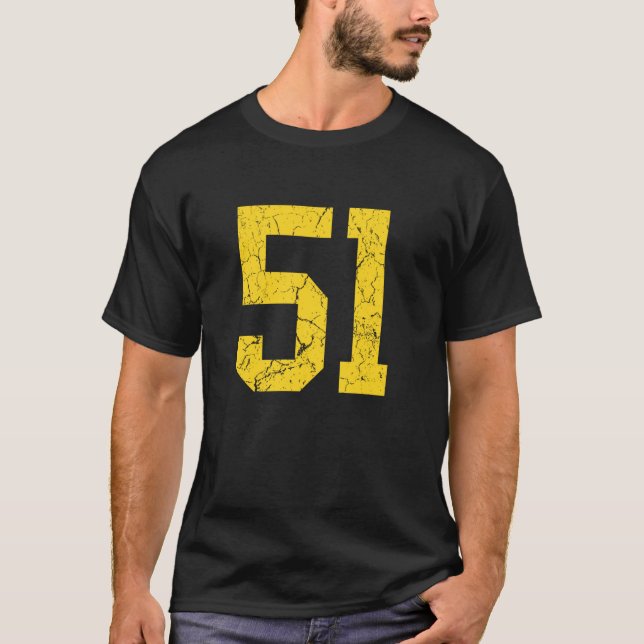 Distressed Bright Gold Number 51 Jersey Player Uni T-Shirt (Front)