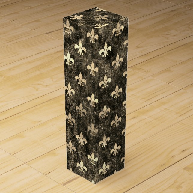 Distressed Brown Gold Fleur De Lis Wine Box (Front)