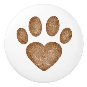 Distressed Brown Heart Pawprint Ceramic Knob
