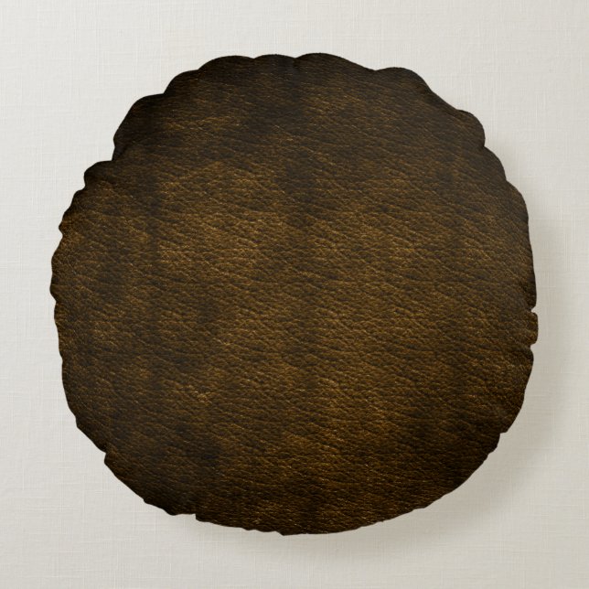 Distressed Brown Leather Look Print Round Pillow (Front)