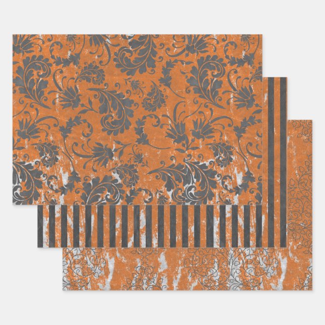 Distressed burnt orange and grey patterned  wrapping paper sheets (Set)