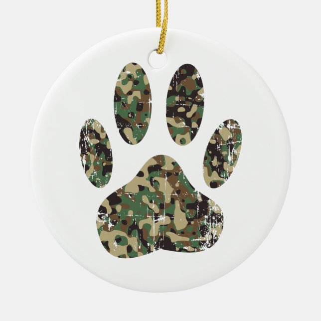 Distressed Camo Dog Paw Print Ceramic Ornament (Front)