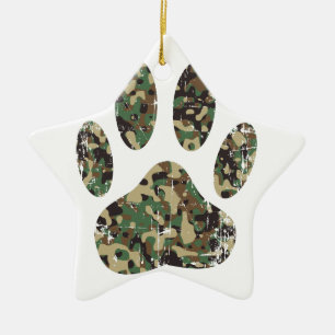Distressed Camo Dog Paw Print Ceramic Ornament