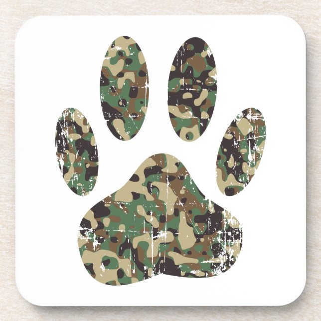 Distressed Camo Dog Paw Print Drink Coaster (Front)