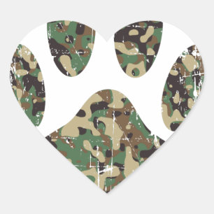 Distressed Camo Dog Paw Print Heart Sticker