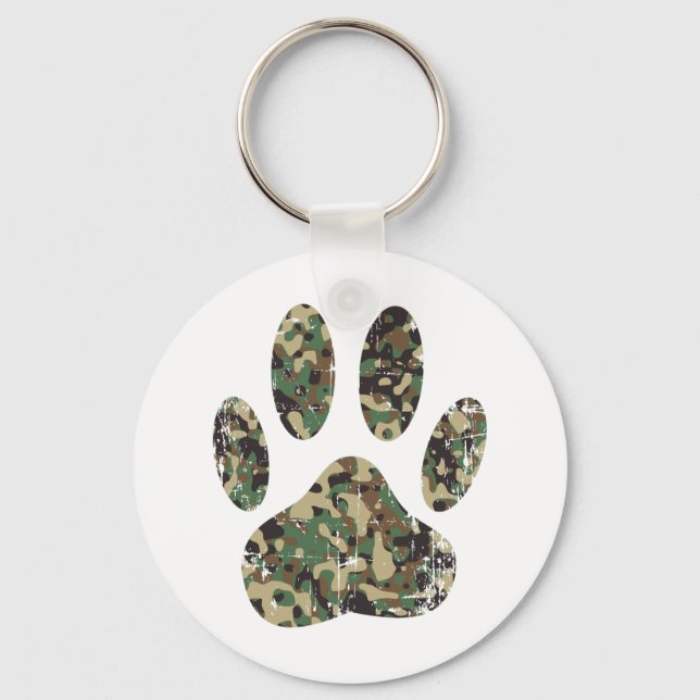 Distressed Camo Dog Paw Print Keychain (Front)