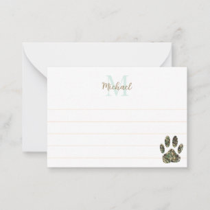 Distressed Camo Dog Paw Print Lined Monogram Note Card