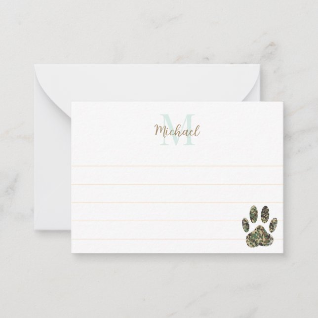 Distressed Camo Dog Paw Print Lined Monogram Note Card (Front)