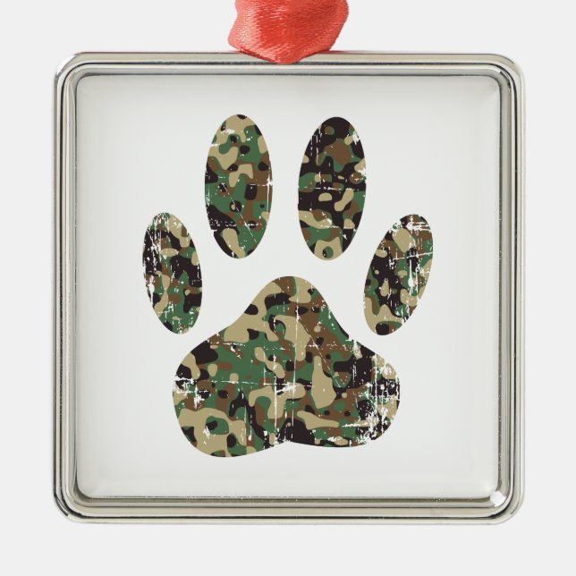 Distressed Camo Dog Paw Print Metal Ornament (Front)