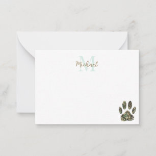 Distressed Camo Dog Paw Print Monogram Note Card