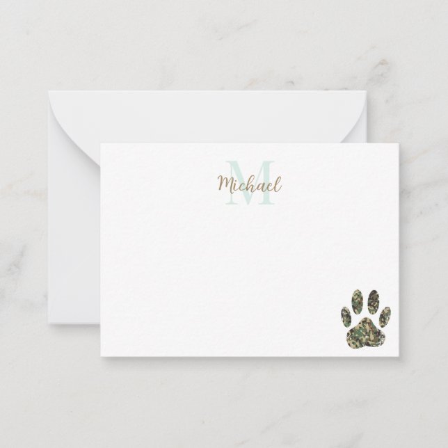 Distressed Camo Dog Paw Print Monogram Note Card (Front)