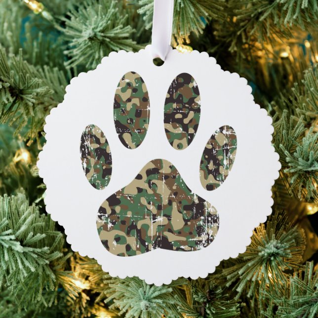 Distressed Camo Dog Paw Print Ornament Card (Insitu (Tree))