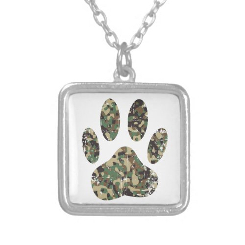 Distressed Camo Dog Paw Print Silver Plated Necklace