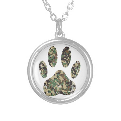 Distressed Camo Dog Paw Print Silver Plated Necklace