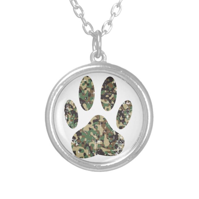 Distressed Camo Dog Paw Print Silver Plated Necklace (Front)