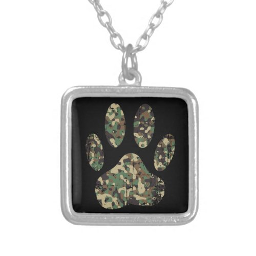 Distressed Camo Dog Paw Print Silver Plated Necklace