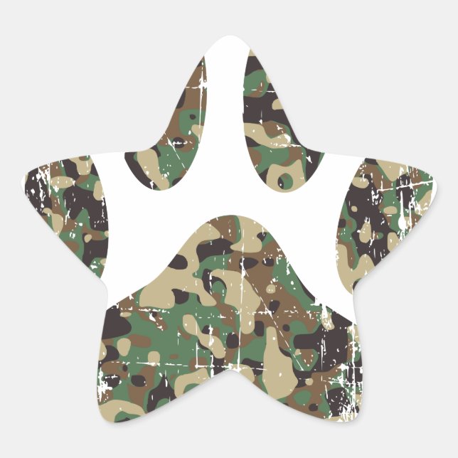 Distressed Camo Dog Paw Print Star Sticker (Front)