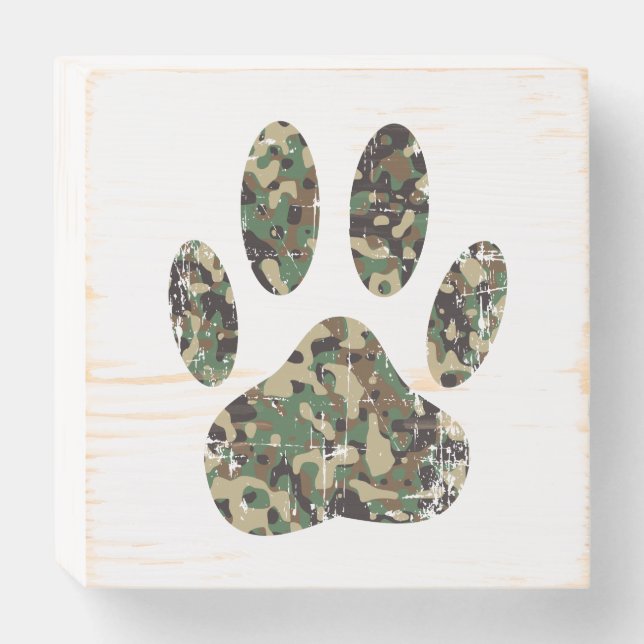 Distressed Camo Dog Paw Print Wooden Box Sign (Front Horizontal)