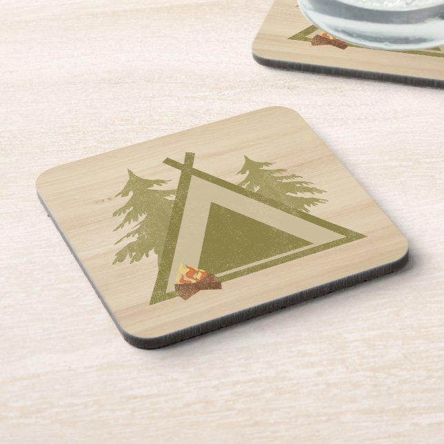 Distressed Campsite On Wood Beverage Coaster (Left Side)