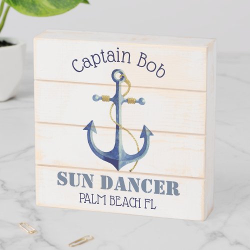 Distressed Captain and Boat Name Anchor Watercolor Wooden Box Sign