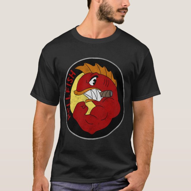 Distressed Cartoon Hellfish Military Patch T-Shirt (Front)