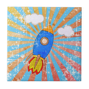 Distressed Cartoon Rocket Retro Sunset Decorative Ceramic Tile