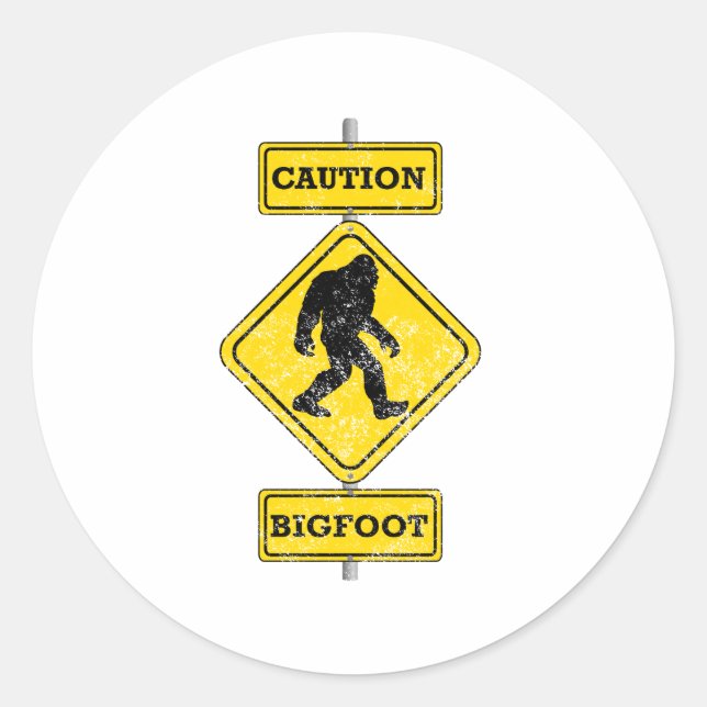 Distressed Caution Bigfoot Classic Round Sticker (Front)