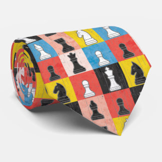 Distressed Chess Pieces Color Block Checkerboard Neck Tie