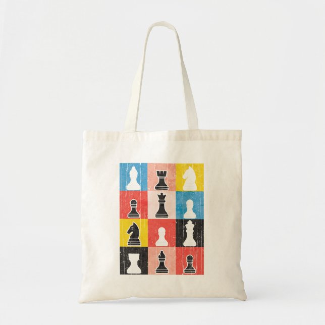 Distressed Chess Pieces Color Block Checkerboard Tote Bag (Front)