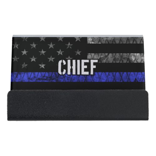 Distressed Chief Police Flag Desk Business Card Holder