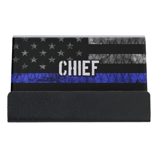 Distressed Chief Police Flag Desk Business Card Holder (Front)