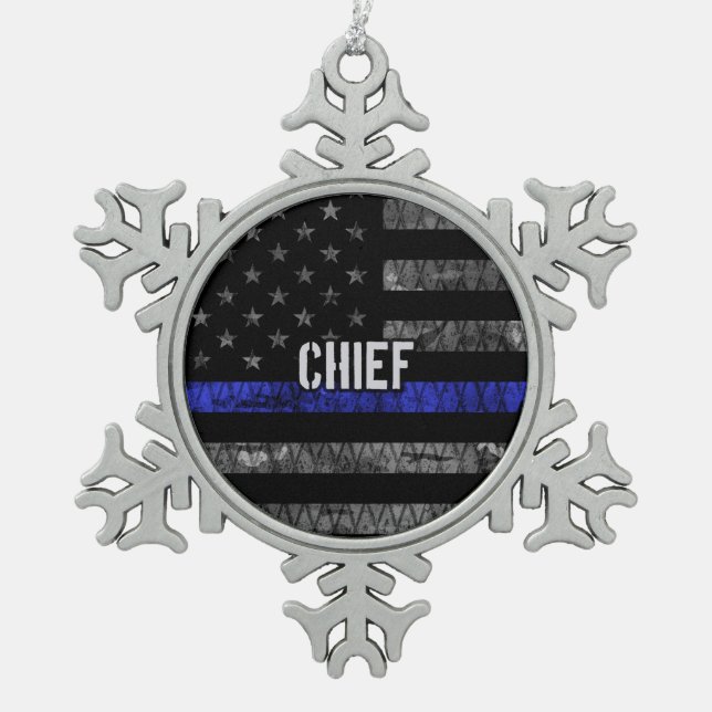 Distressed Chief Police Flag Snowflake Pewter Christmas Ornament (Front)