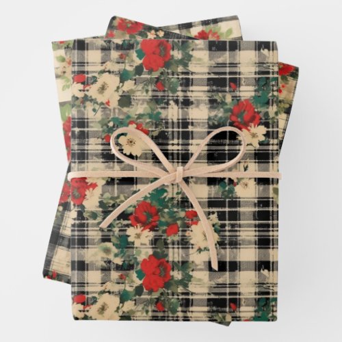 Distressed Christmas Plaid Florals Black Red Beige Wrapping Paper Sheets