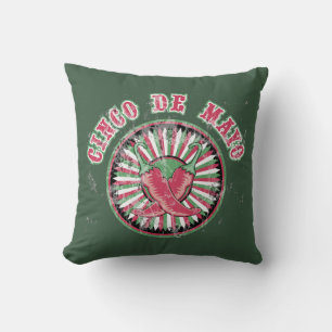 Distressed Cinco de Mayo with Peppers and Stripes Throw Pillow