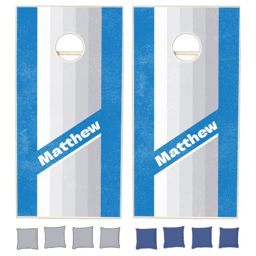 Distressed Cloudy Blue Sky Pin Striped with Name Cornhole Set