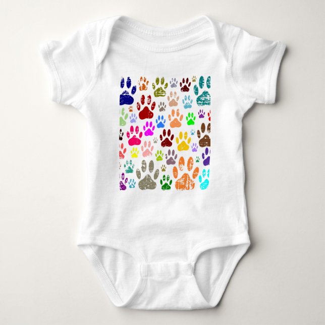 Distressed Colorful Dog Paw Prints Baby Bodysuit (Front)