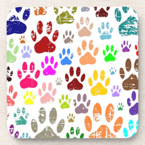 Distressed Colorful Dog Paw Prints Beverage Coaster