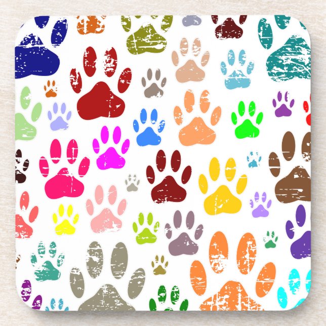 Distressed Colorful Dog Paw Prints Beverage Coaster (Front)