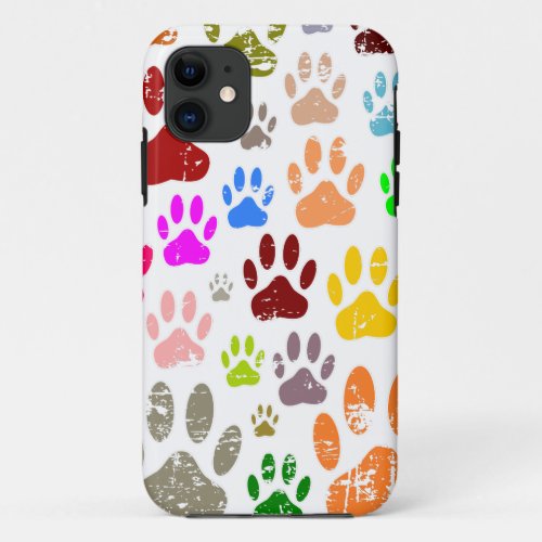 Distressed Colorful Dog Paw Prints iPhone 11 Case